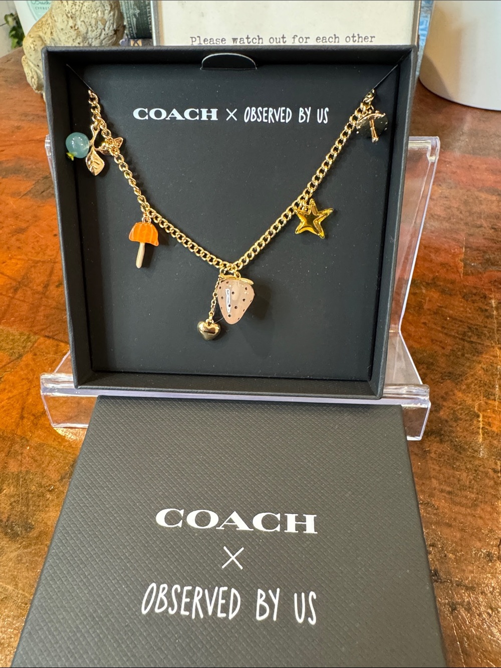 Coach Gold-Tone Charm Necklace with Orange, Pink, Green Accents